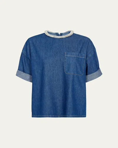 Twp Ex T In Denim Shirting With Crystal Collar In Gray