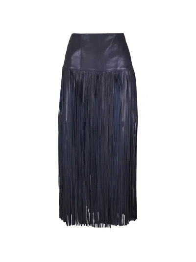 Twp Fringed Leather Midi Skirt In Blue