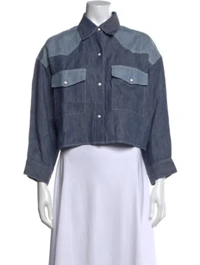 Pre-owned Twp Hemp Three-quarter Sleeve Button-up Top In Blue