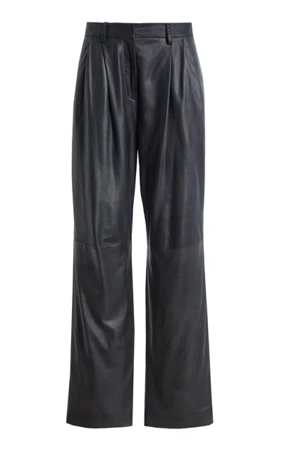 Twp Ivy Pleated Leather Trousers In Navy
