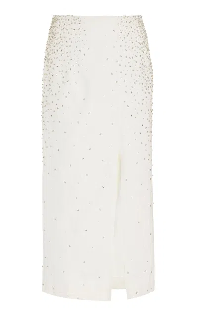 Twp Ladylike Crystal-embellished Denim Midi Skirt In White