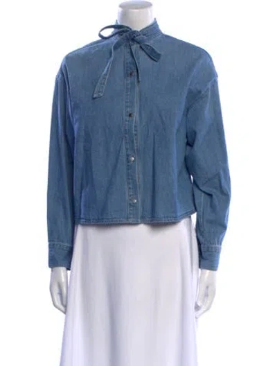 Pre-owned Twp Mock Neck Long Sleeve Button-up Top In Blue
