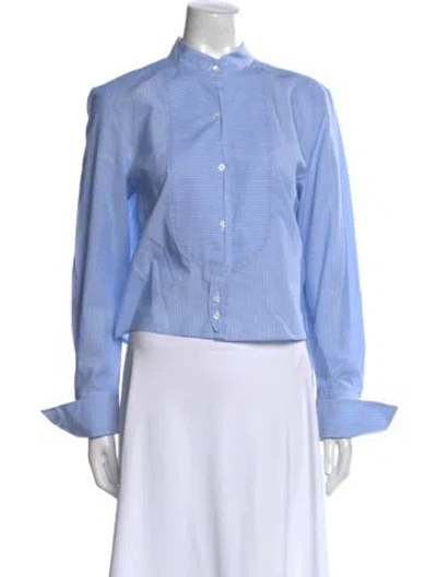 Pre-owned Twp Mock Neck Long Sleeve Button-up Top In Blue