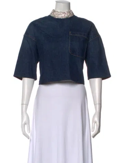 Pre-owned Twp Mock Neck Short Sleeve Crop Top In Blue
