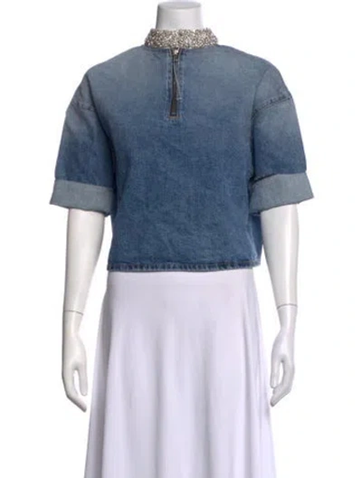 Pre-owned Twp Mock Neck Short Sleeve Top In Blue