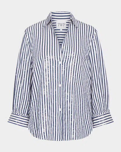 Twp Next Morning Sequined Stripe Button-front Shirt In Blue