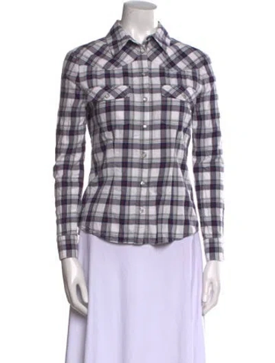 Pre-owned Twp Plaid Print Long Sleeve Button-up Top In White