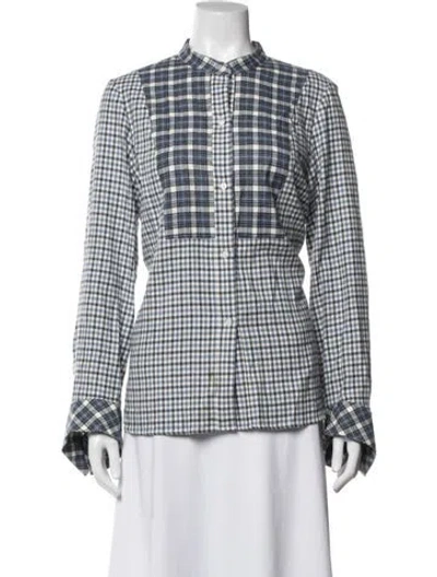 Pre-owned Twp Plaid Print Mock Neck Button-up Top In Blue