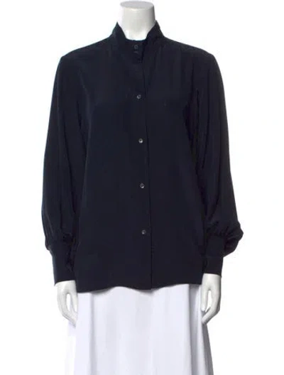 Pre-owned Twp Silk Mock Neck Button-up Top In Blue