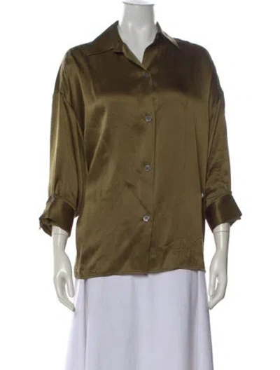 Pre-owned Twp Silk Three-quarter Sleeve Button-up Top In Green
