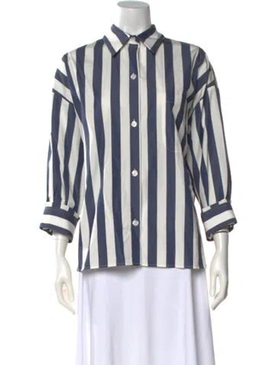 Pre-owned Twp Striped Three-quarter Sleeve Button-up Top In Blue