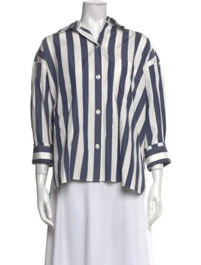 Pre-owned Twp Striped Three-quarter Sleeve Button-up Top In Blue