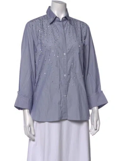 Pre-owned Twp Striped Three-quarter Sleeve Button-up Top In Blue