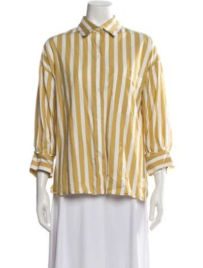 Pre-owned Twp Striped Three-quarter Sleeve Button-up Top In Yellow