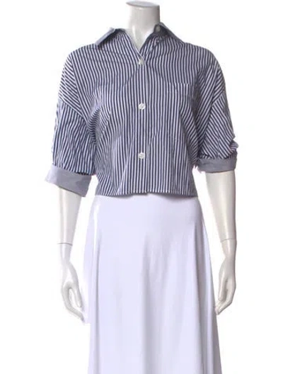 Pre-owned Twp Striped Three-quarter Sleeve Crop Top In White