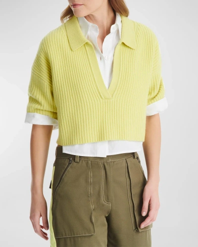 Twp Tallulah Cashmere Short-sleeve Polo Sweater In Lime Green