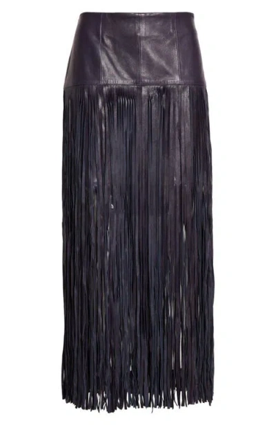 Twp Tangled Up Genuine Leather Fringe Skirt In Blue