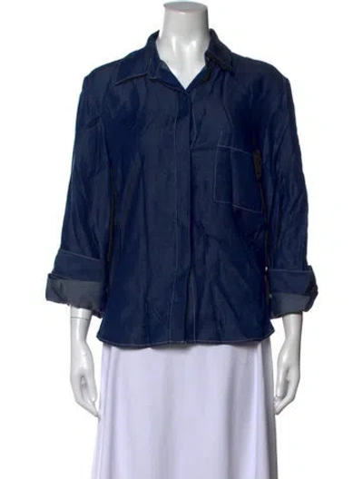 Pre-owned Twp Three-quarter Sleeve Button-up Top In Blue