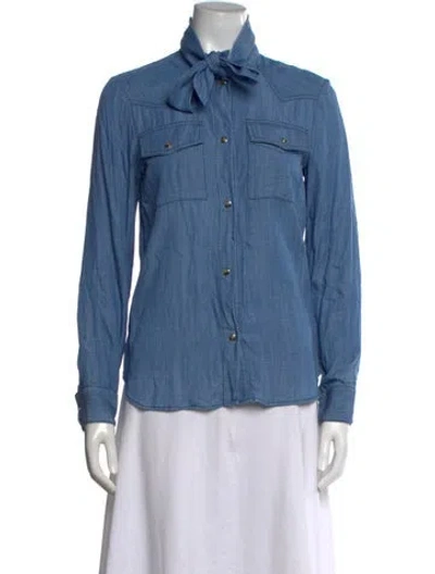 Pre-owned Twp Tie Neck Long Sleeve Button-up Top In Blue