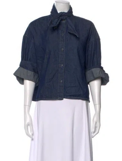 Pre-owned Twp Tie Neck Short Sleeve Button-up Top W/ Tags In Blue