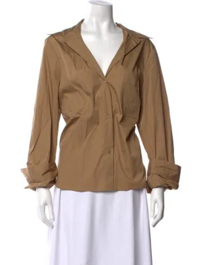 Pre-owned Twp V-neck Long Sleeve Button-up Top In Brown