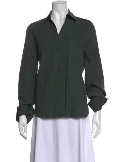 Pre-owned Twp V-neck Long Sleeve Button-up Top In Green
