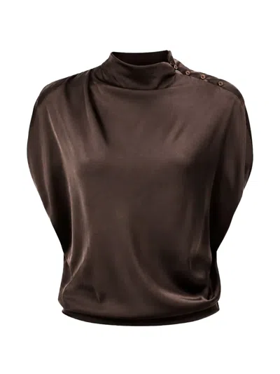 Twp Wish You Would Button-shoulder Gathered Top In Brown