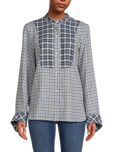 Twp Women's Bishop Collar Plaid Button Down Shirt In French Blue