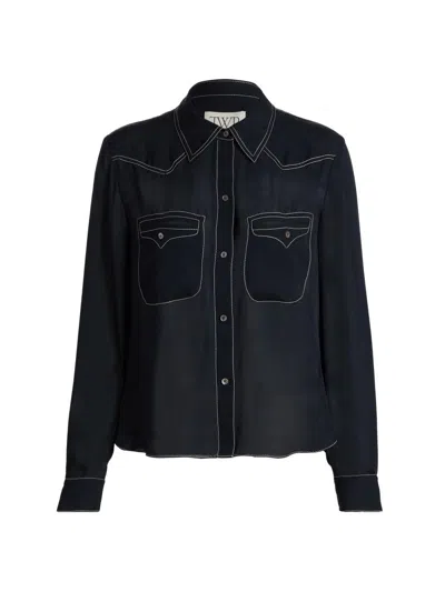 Twp Women's Carter Topstitch Silk Western Shirt In Black