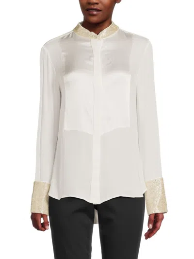 Twp Women's Embellished Trim Silk Blouse In Ivory