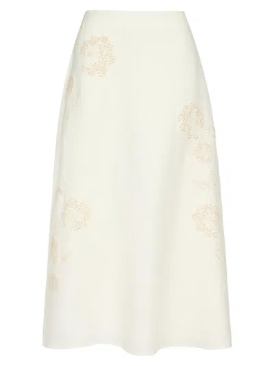 Twp Women's Floral Embroidered A-line Midi-skirt In White