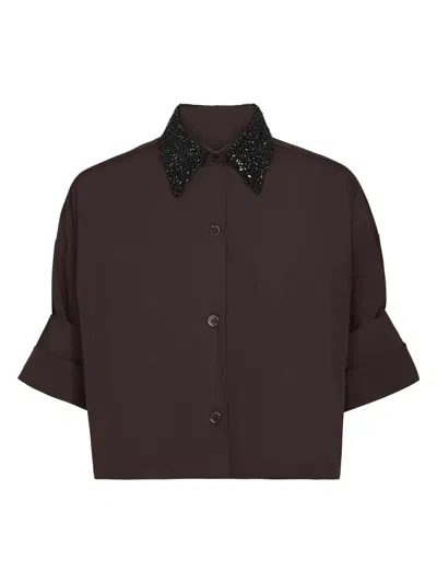 Twp Women's Next Ex Crystal-collar Cotton Poplin Shirt In Brown