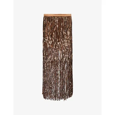 Twp Womens Ermine Laurel Fringed Sequin-embellished Silk Midi Skirt In Brown