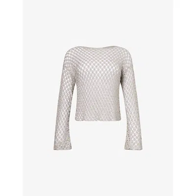 Twp Womens Pale Champagne Slash-neck Open-knit Crochet Top In Neutral