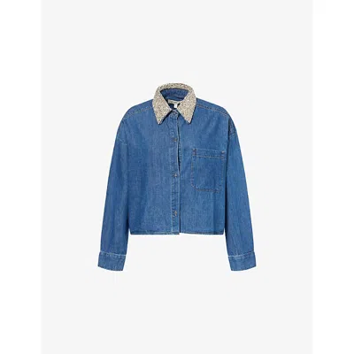 Twp Womens Paris My Ex's Crystal-collar Denim Shirt In Blue
