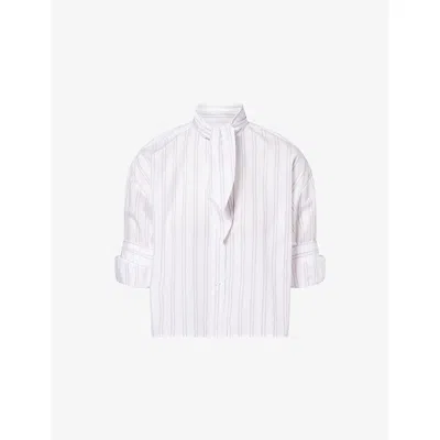 Twp Womens White Wine Tie One On Pinstripe Cotton Shirt