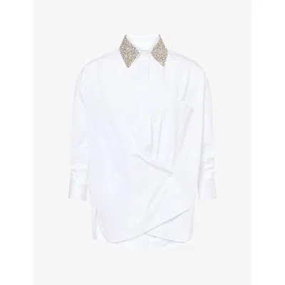 Twp Wp Womens Crystal-collar Wrap Cotton Shirt White