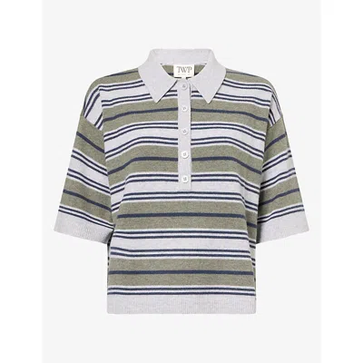 Twp Wp Womens Short-sleeve Striped Cashmere Polo Top Night Sky Heather Grey
