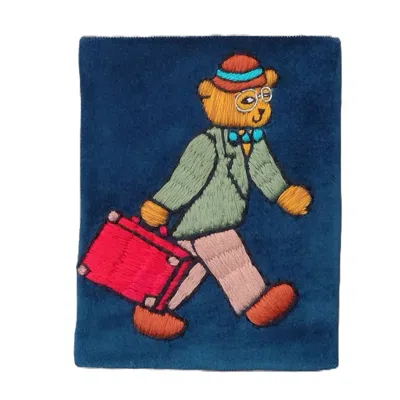 Ty Hedge Hand-embroidered Archie Bear Velvet Passport Holder — Blue