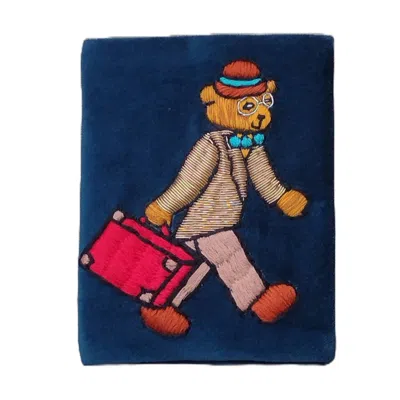 Ty Hedge Hand-embroidered Archie Bear Velvet Passport Holder— Blue/ Metallic