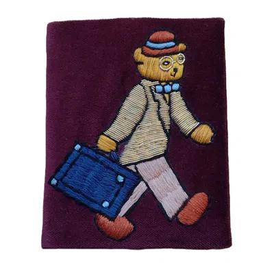 Ty Hedge Hand-embroidered Archie Bear Velvet Passport Holder — Burgundy