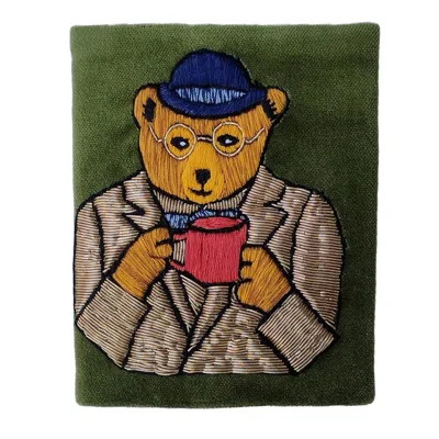 Ty Hedge Hand-embroidered Archie Bear Velvet Passport Holder — Moss Green