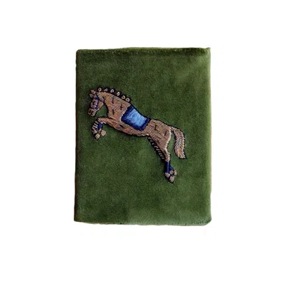 Ty Hedge Hand-embroidered  Equestrian Velvet Passport Holder — Moss Green