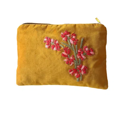 Ty Hedge Women's Gold  Hand-embroidered Primula Velvet Pouch— Mustard