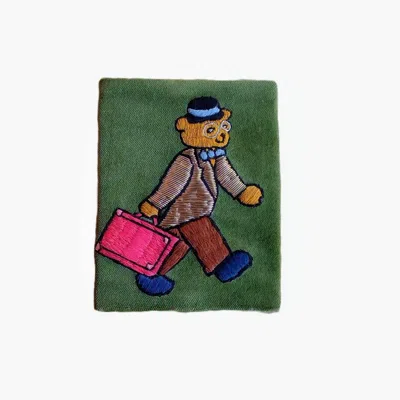 Ty Hedge Women's Hand-embroidered  Archie Bear Velvet Passport Holder — Pine Green