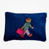Ty Hedge Women's  Hand-embroidered Archie Bear Velvet Pouch— Blue
