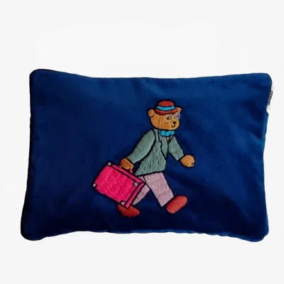 Ty Hedge Women's  Hand-embroidered Archie Bear Velvet Pouch— Blue