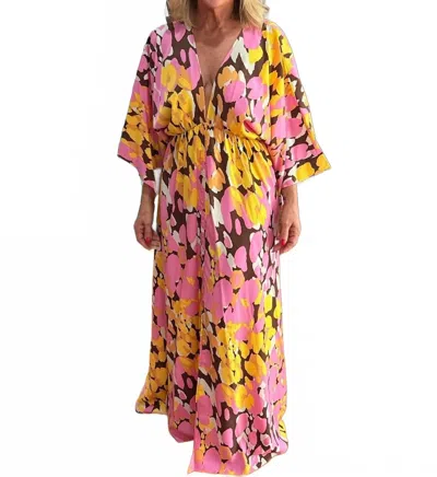 Tyche Palm Royale Kimono Maxi Dress In Pink In Multi