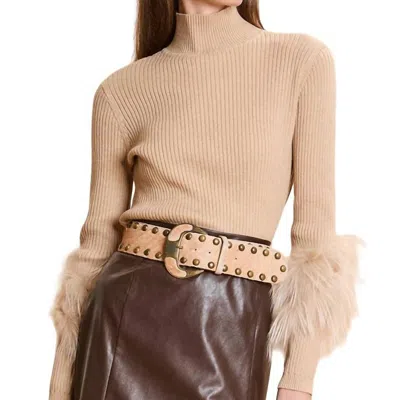 Tyler Boe Cashmere Mock Neck With Fur Sweater In Brown