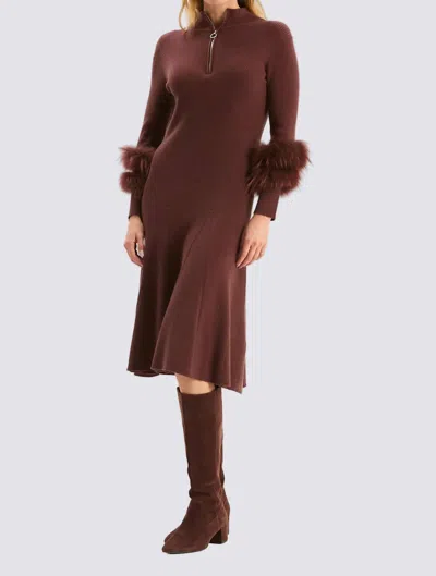 Tyler Boe Celia Knit Fur Sleeve Dress In Cherry Mahogany In Brown
